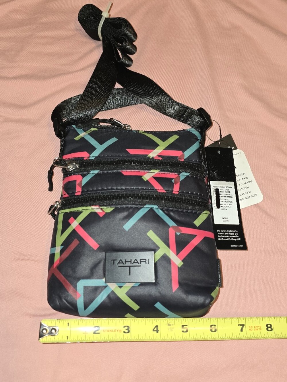 Tahari Black Crossbody Belt Bag with Neon Geometric Print
